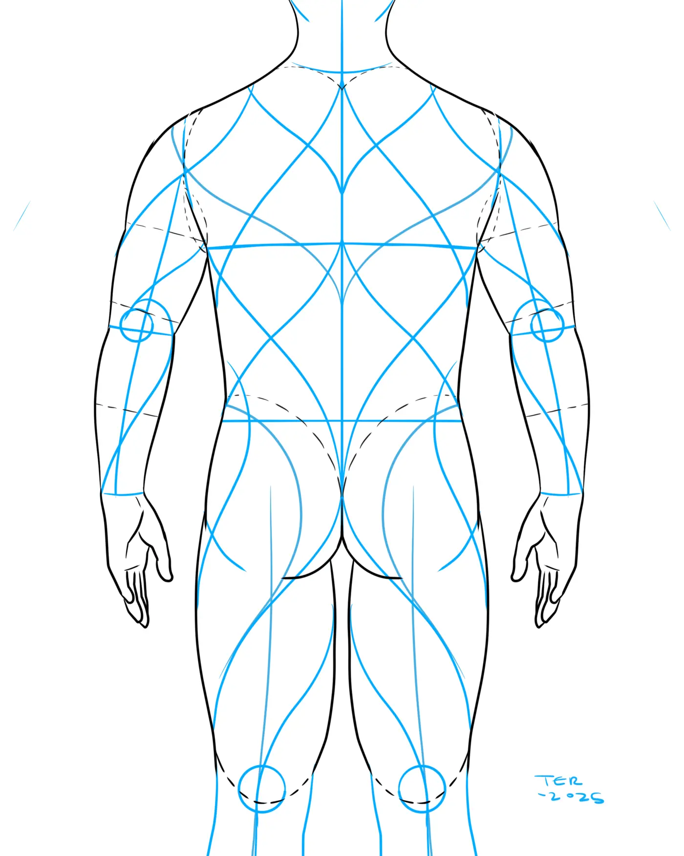 Back view body template with flow lines mapped for a full body suit tattoo, planning stage by Terry Ribera San Diego