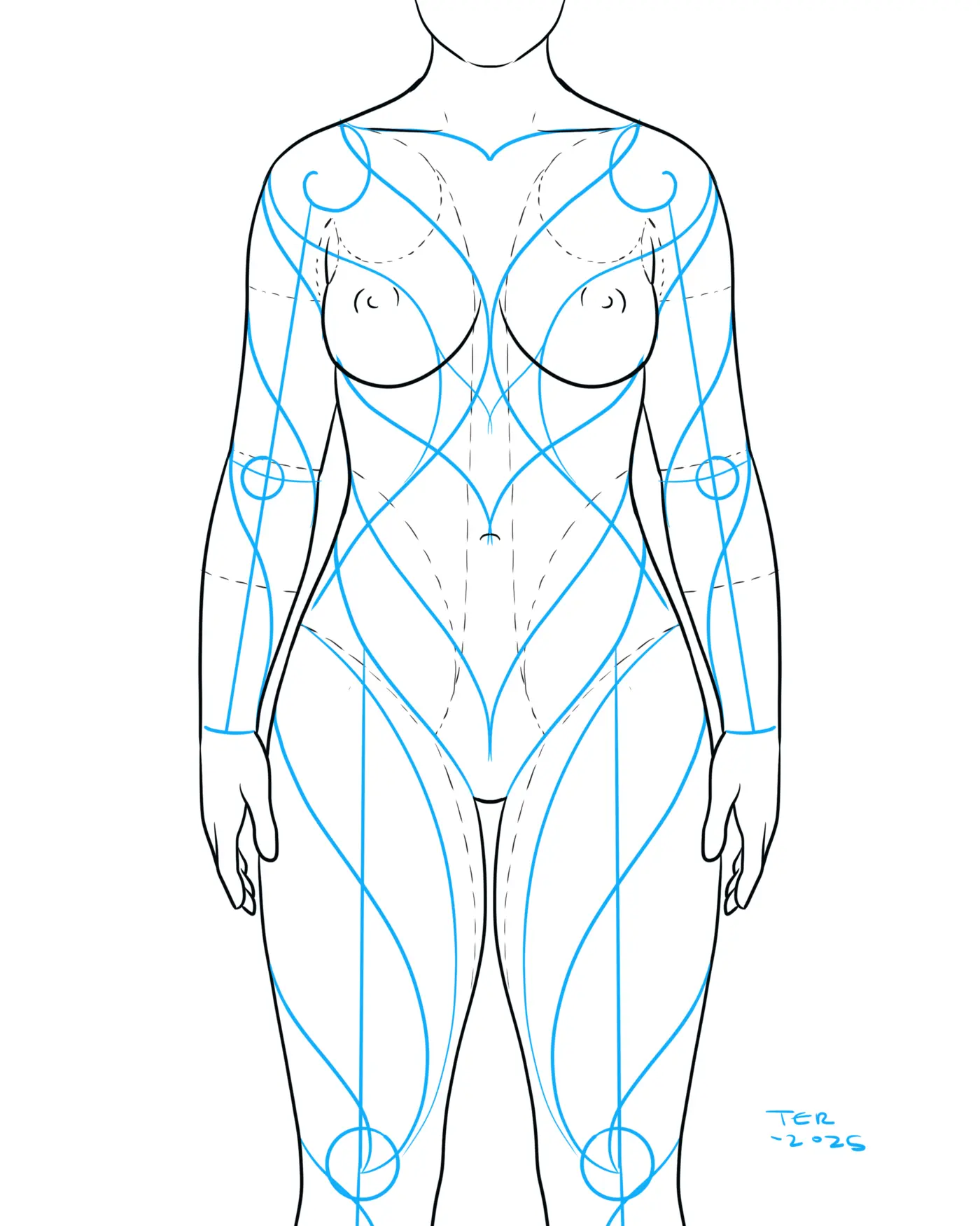 Front view body template with flow lines mapped for a full body suit tattoo, planning stage by Terry Ribera San Diego