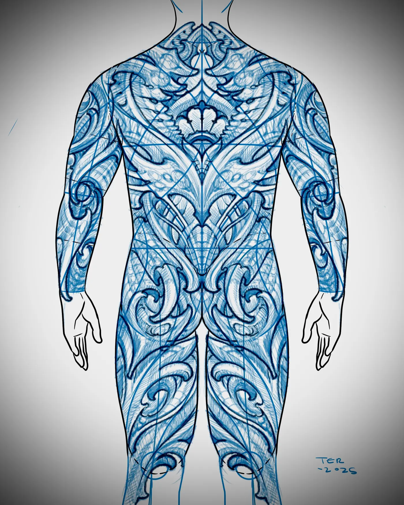 Full body suit tattoo drawing in blue pencil, back view, showing the complete composition across the body by Terry Ribera San Diego