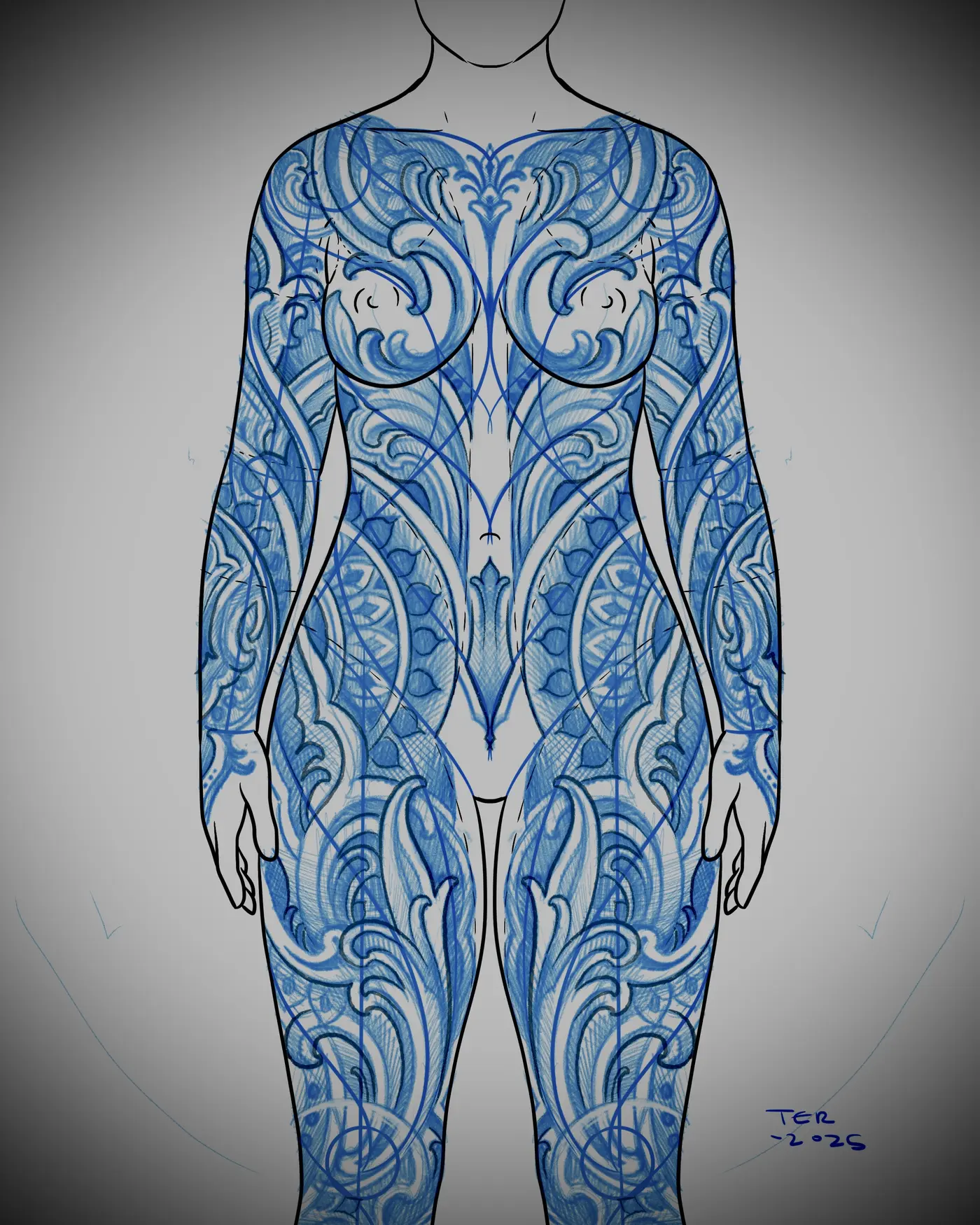Full body suit tattoo drawing in blue pencil, front view, ornamental composition developed on a body template by Terry Ribera San Diego