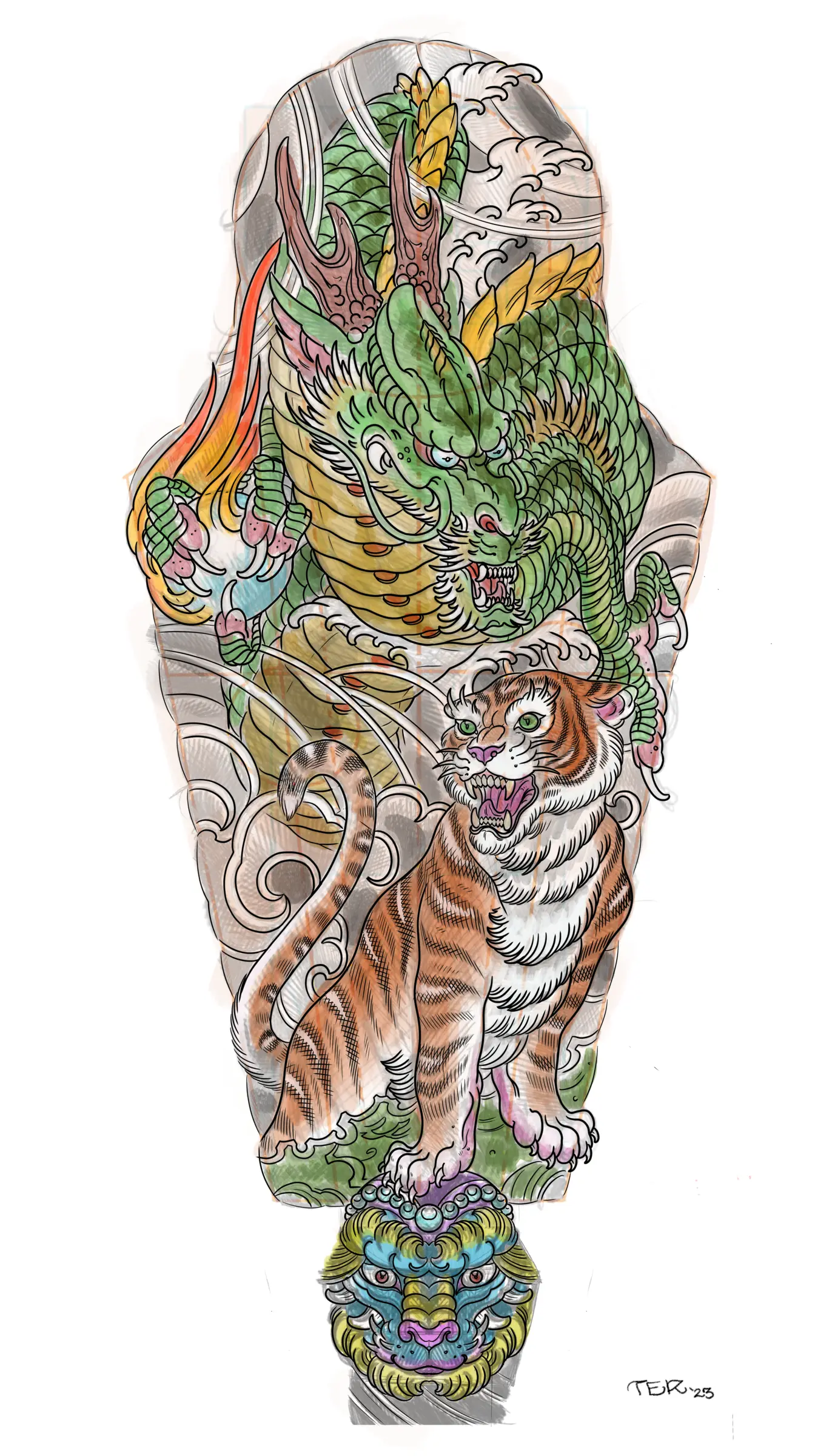 Sleeve tattoo design with a dragon, tiger, and fu dog in full color, unwrapped sleeve composition by Terry Ribera San Diego