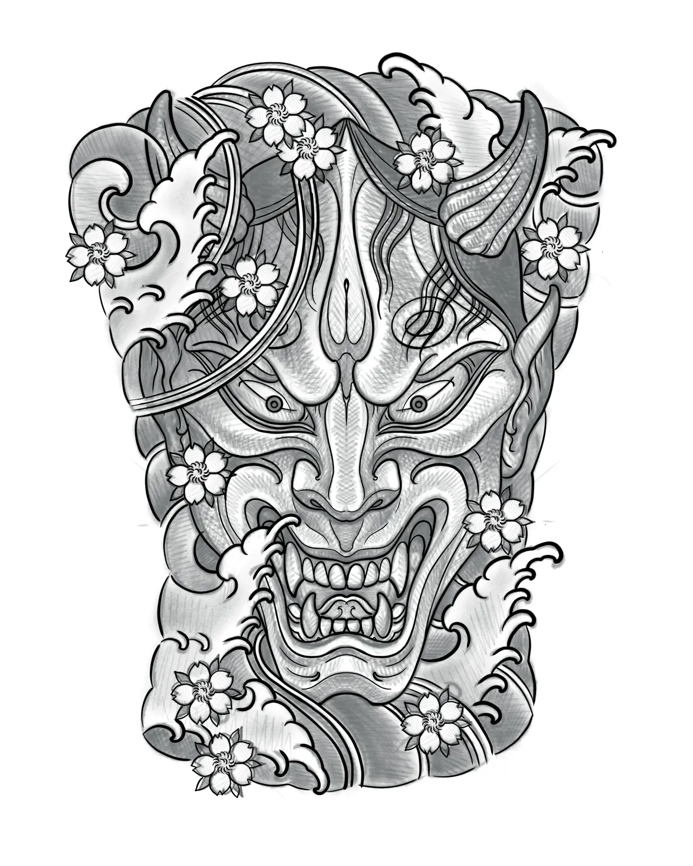 Black and grey hannya mask back piece tattoo design with cherry blossoms and waves by Terry Ribera San Diego