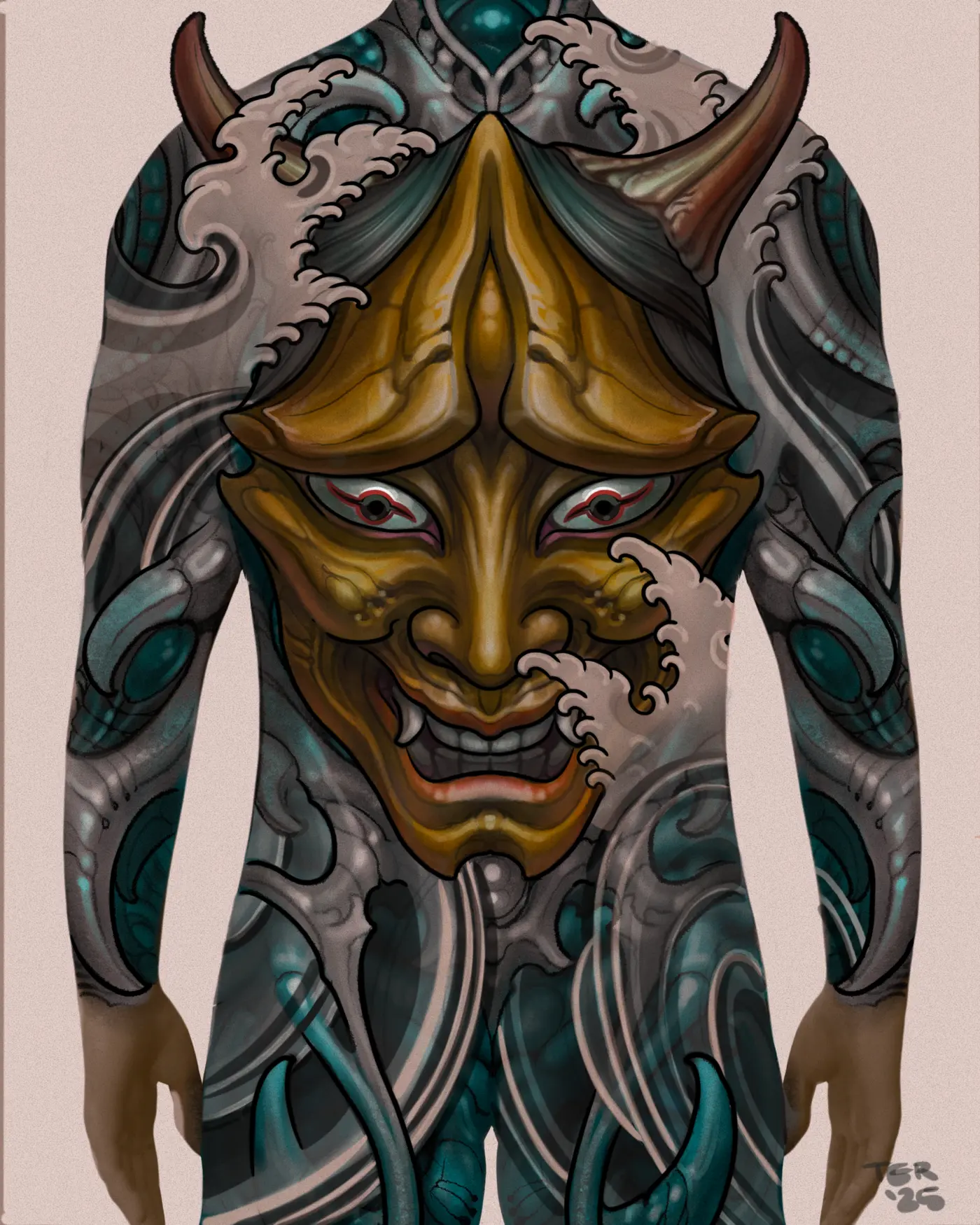 Body suit tattoo concept of a golden hannya mask over biomechanical forms, rendered on a full body figure by Terry Ribera San Diego