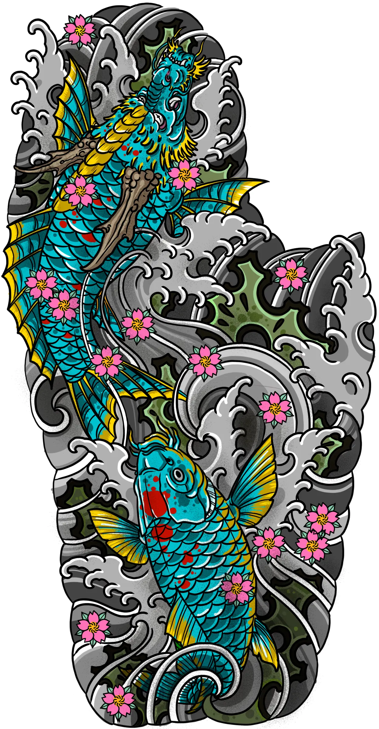 Neo Japanese sleeve tattoo design with a koi dragon, koi, waves, and cherry blossoms in full color by Terry Ribera San Diego
