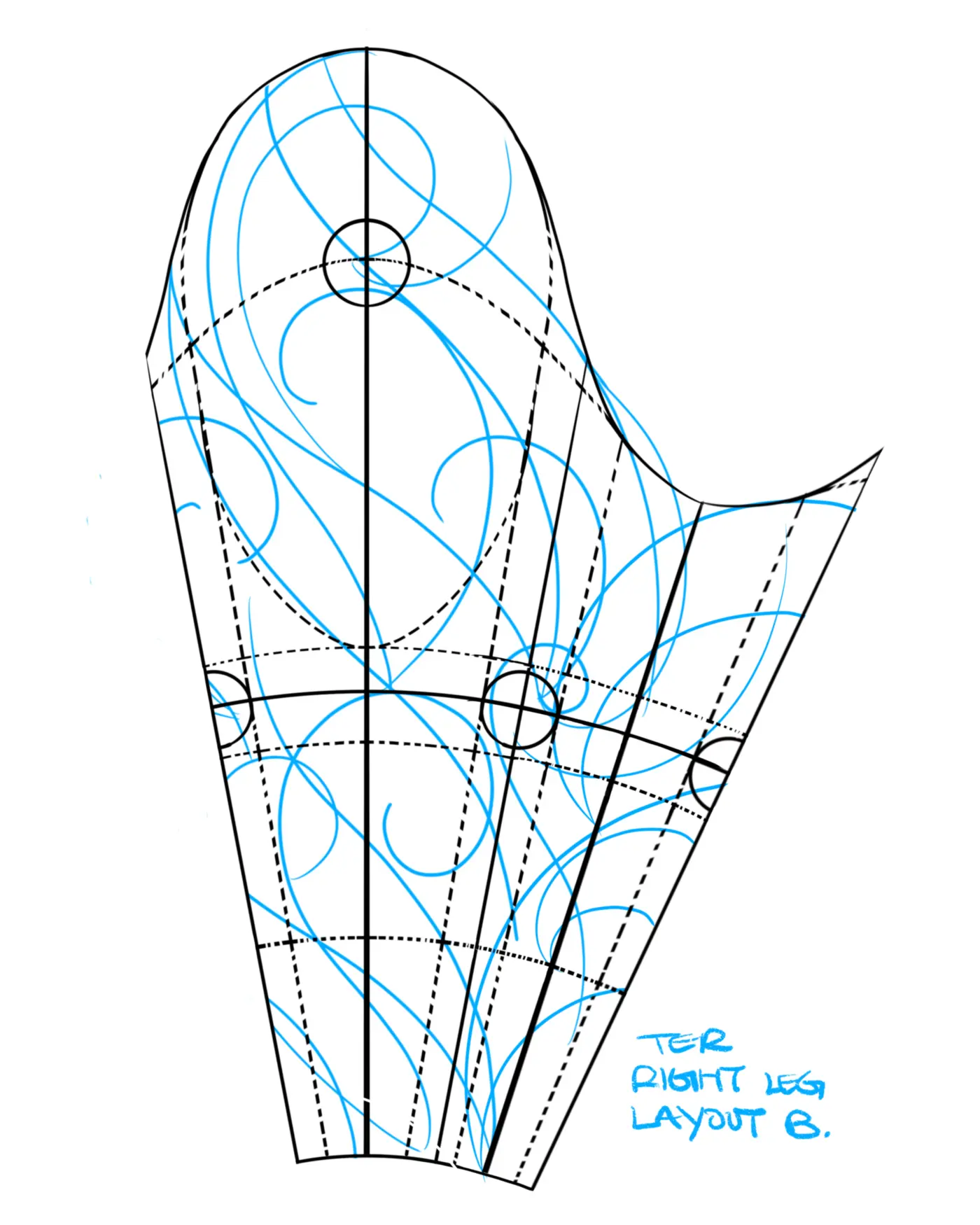 Leg sleeve tattoo layout template with flow lines mapped across the thigh and calf by Terry Ribera San Diego