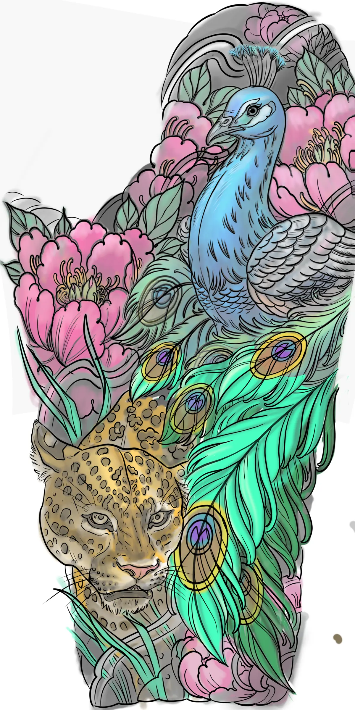 Sleeve tattoo design with a peacock, leopard, and peonies in full color by Terry Ribera, custom tattoo designs San Diego
