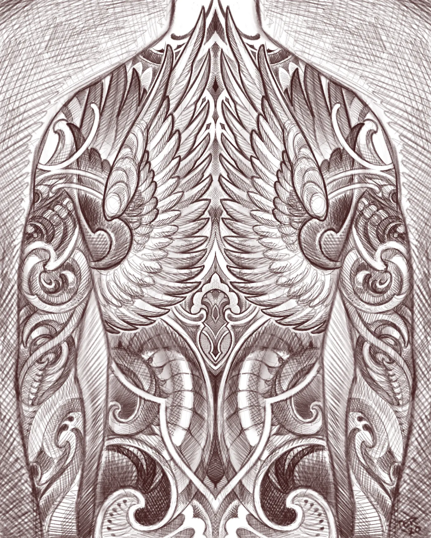 Pencil drawing of an ornamental back tattoo design with wings and bio-organic detail, early concept development by Terry Ribera San Diego