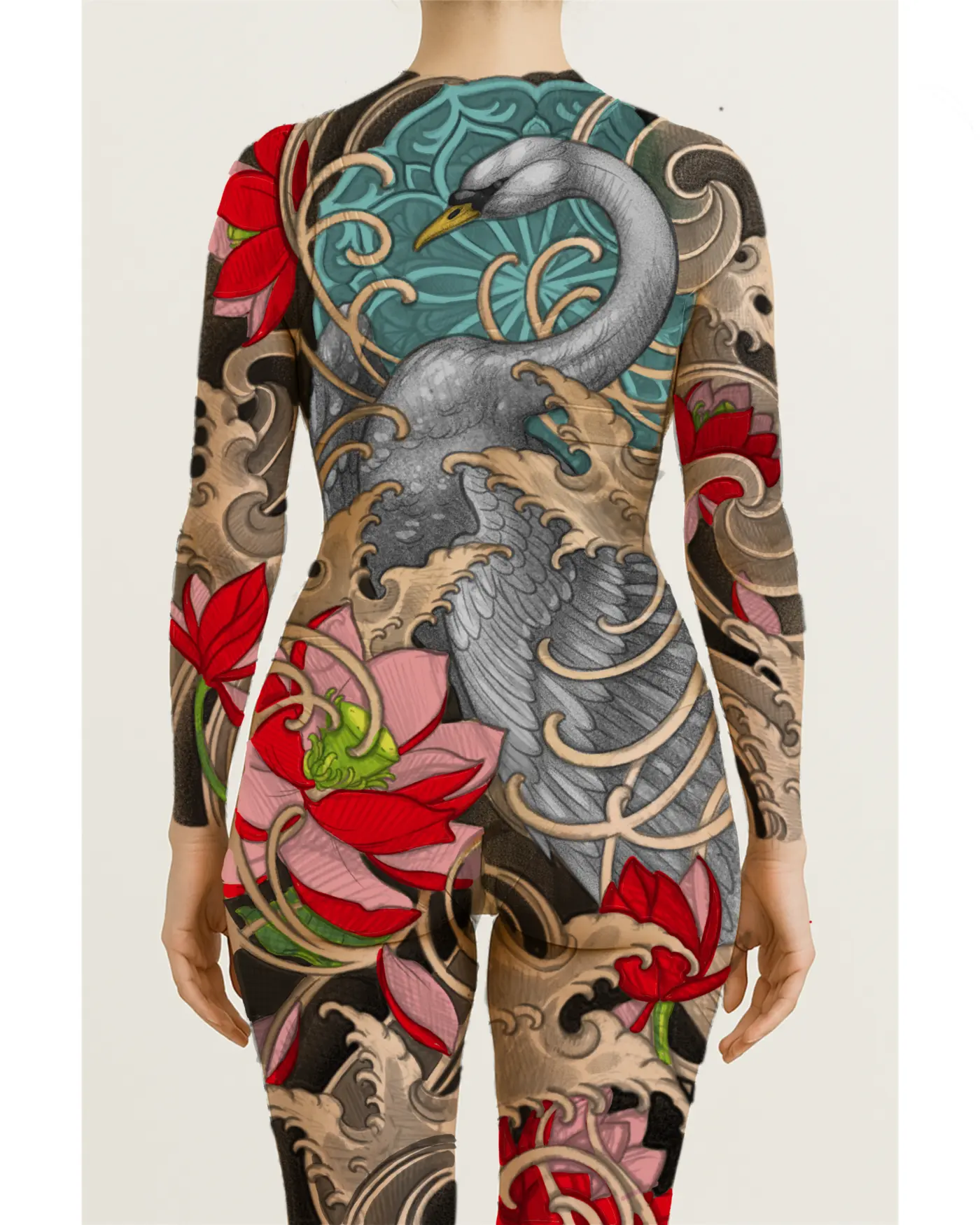 Body suit tattoo concept with a swan, lotus flowers, and waves rendered on the body in full color, designed by Terry Ribera San Diego