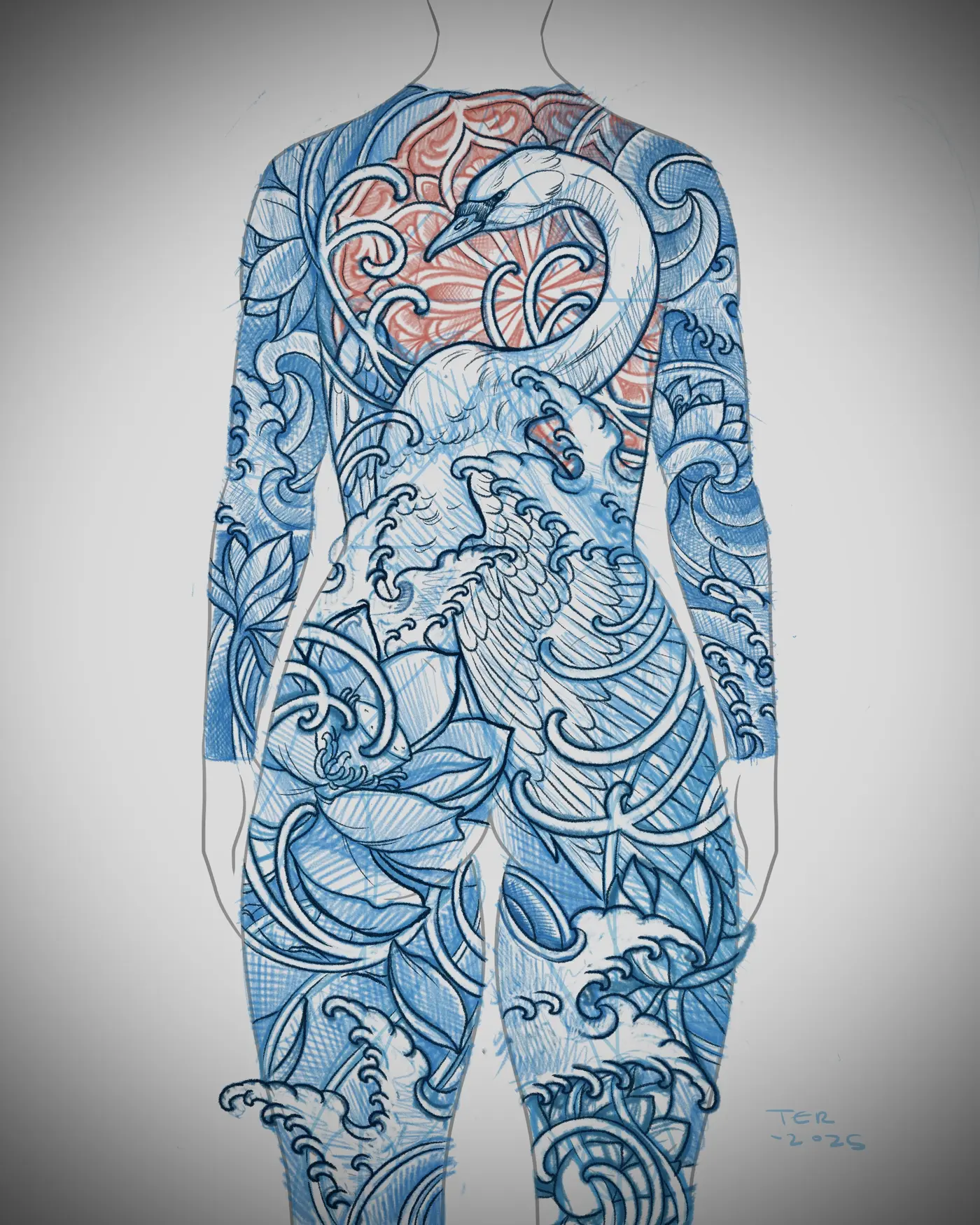 Body suit tattoo drawing in blue and red pencil with a swan, waves, and lotus flowers developed on a back view template by Terry Ribera San Diego