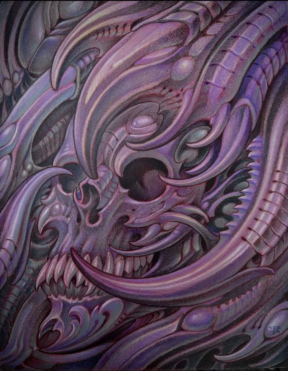 Fine-art biomechanical skull illustration by Terry Ribera, San Diego