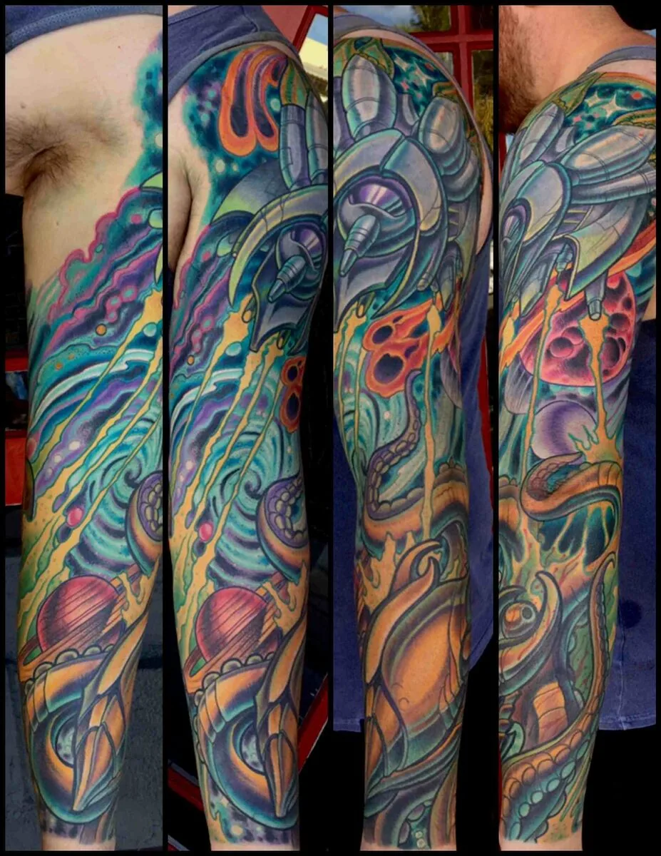 Bio-organic colorful full sleeve tattoo by Terry Ribera, San Diego