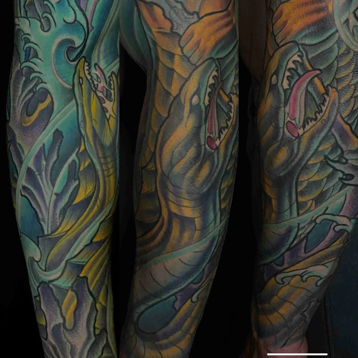 Bio-organic serpent snake full sleeve tattoo by Terry Ribera, San Diego