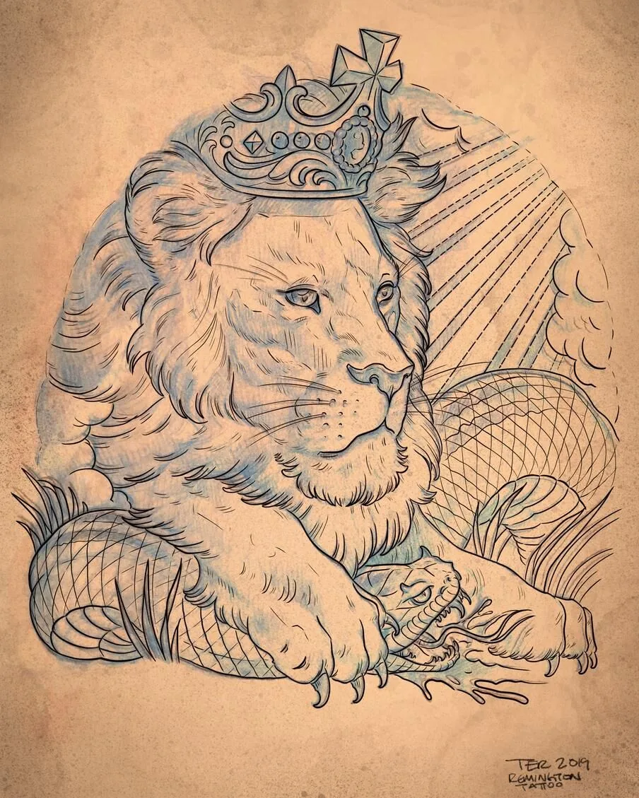 Custom tattoo design sketch lion crown snake by Terry Ribera, San Diego