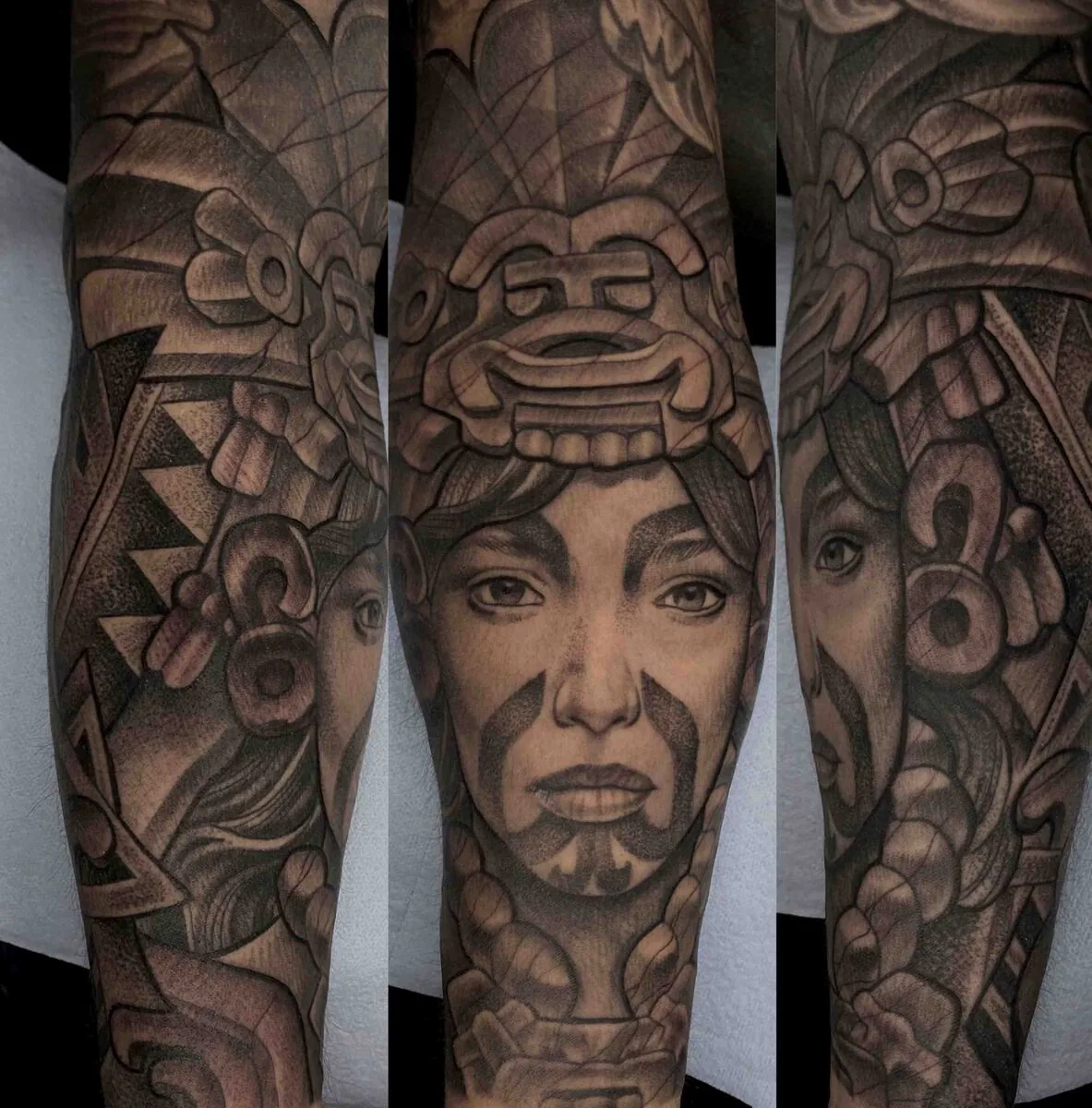 Illustrative black and grey Aztec woman portrait forearm tattoo by Terry Ribera, San Diego