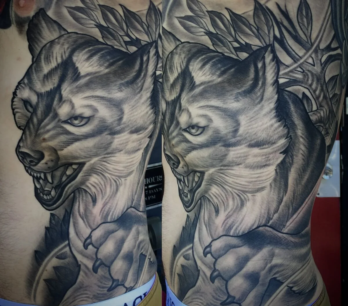 Illustrative black and grey werewolf ribs tattoo by Terry Ribera, San Diego