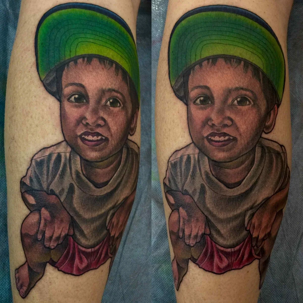 Illustrative color portrait child forearm tattoo by Terry Ribera, San Diego