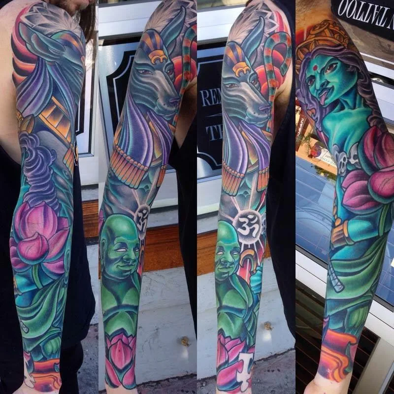 Neo Traditional Anubis Buddha Kali sleeve tattoo by Terry Ribera, San Diego