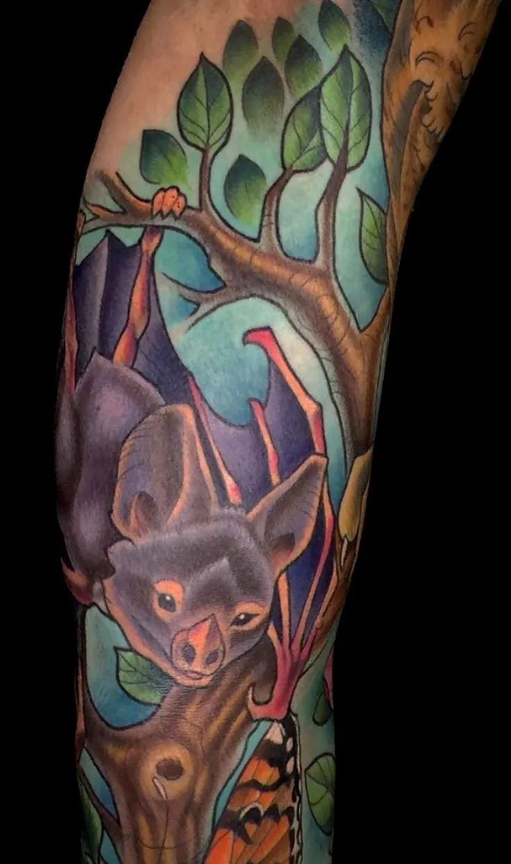 Neo Traditional bat deer tree forearm tattoo by Terry Ribera, San Diego