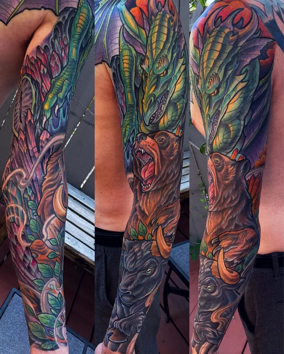 Neo Traditional dragon bear full sleeve tattoo by Terry Ribera, San Diego