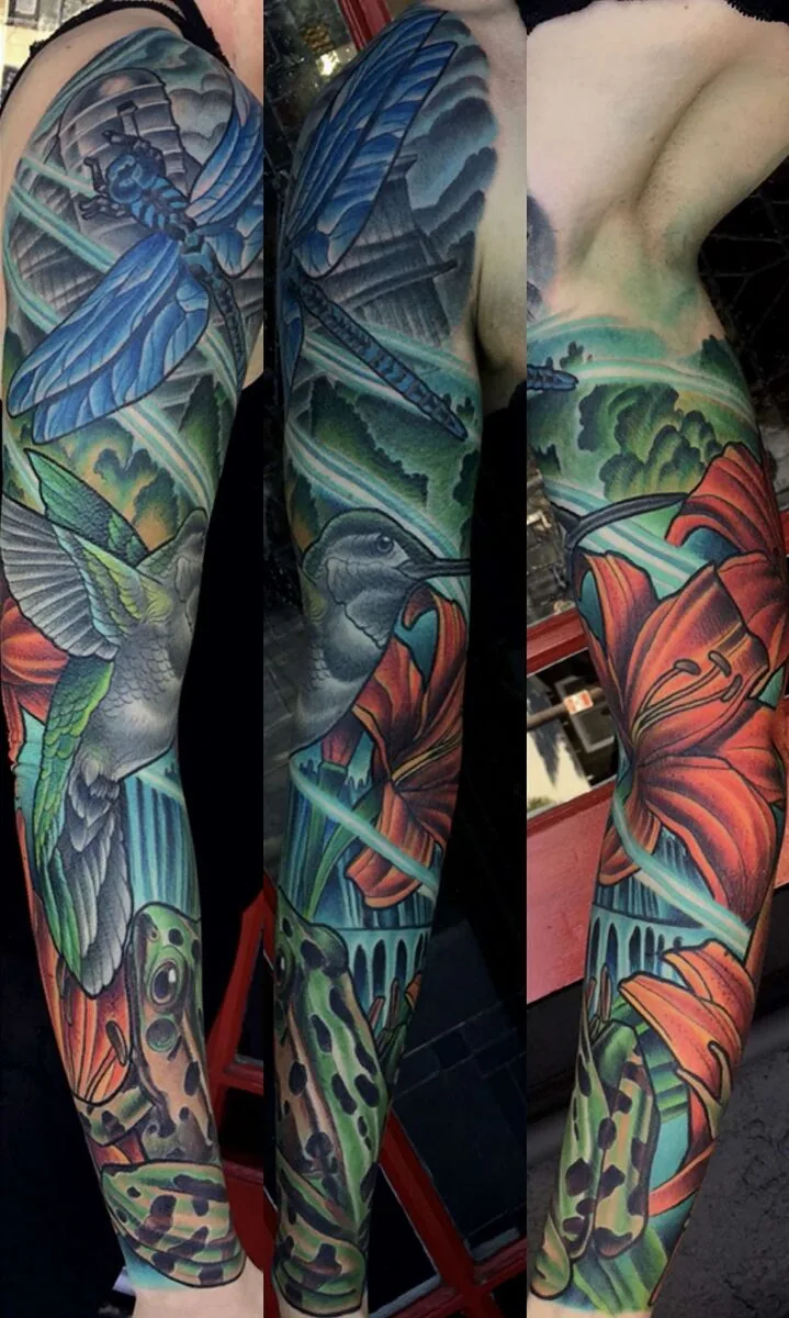 Neo Traditional dragonfly hummingbird frog sleeve tattoo by Terry Ribera, San Diego
