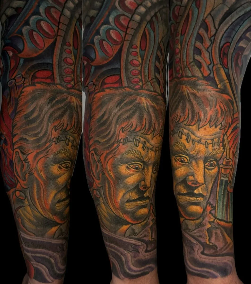 Neo Traditional Frankenstein biomechanical sleeve tattoo by Terry Ribera, San Diego