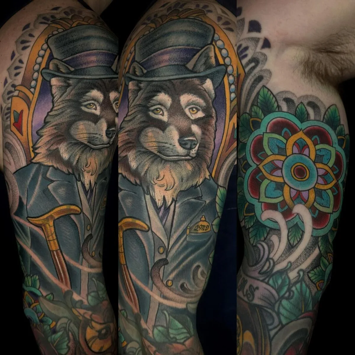 Neo Traditional gentleman wolf mandala half sleeve tattoo by Terry Ribera, San Diego