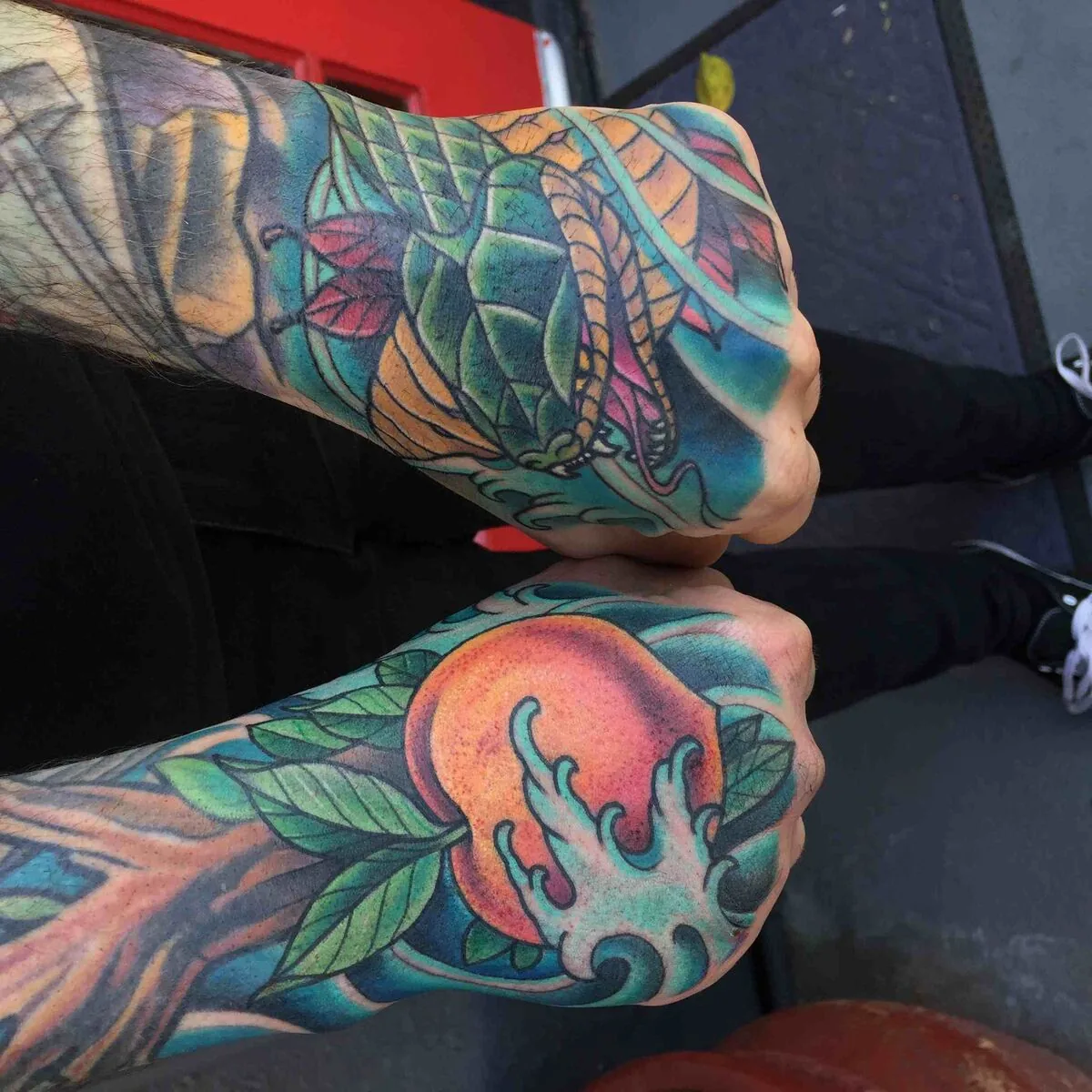 Neo Traditional grasshopper peach hand tattoo by Terry Ribera, San Diego