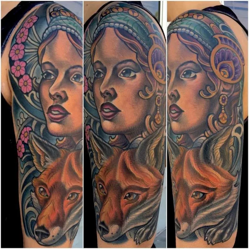 Neo Traditional gypsy woman fox half sleeve tattoo by Terry Ribera, San Diego