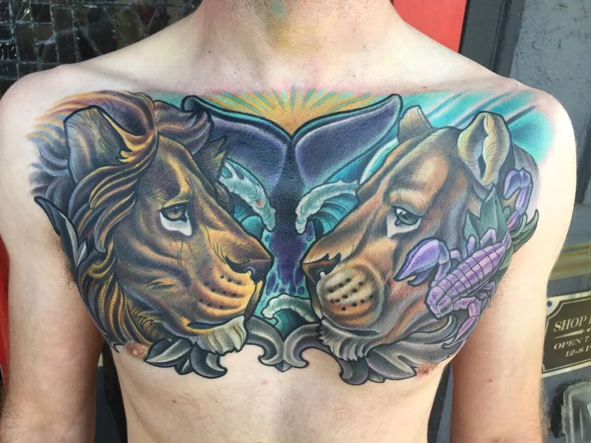 Neo Traditional lion tiger chest tattoo by Terry Ribera, San Diego