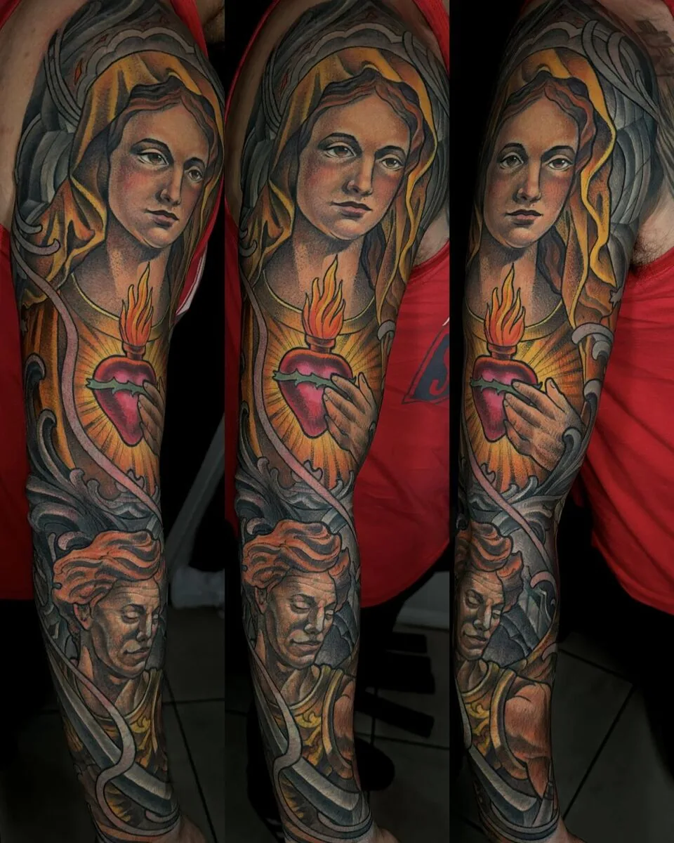 Neo Traditional Madonna sacred heart sleeve tattoo by Terry Ribera, San Diego