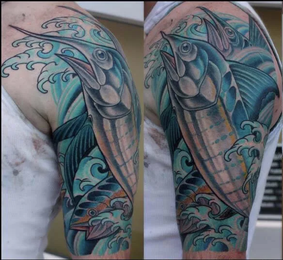 Neo Traditional marlin sailfish half sleeve tattoo by Terry Ribera, San Diego