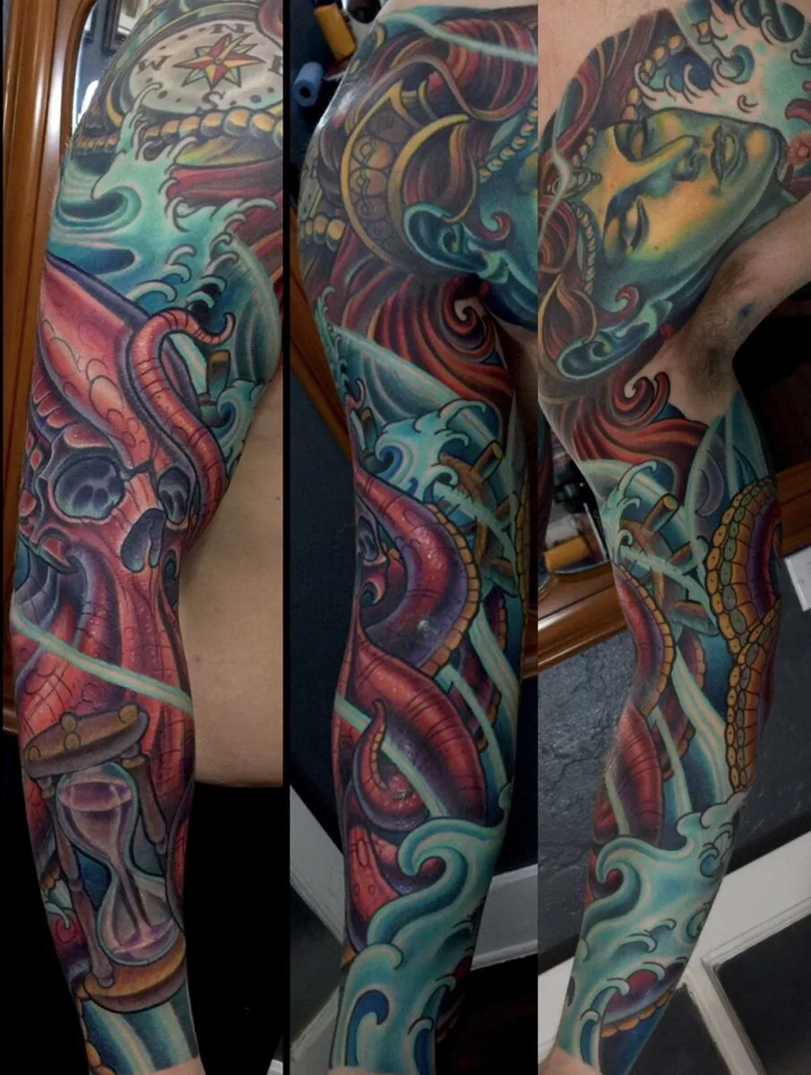 Neo Traditional mermaid kraken full sleeve tattoo by Terry Ribera, San Diego