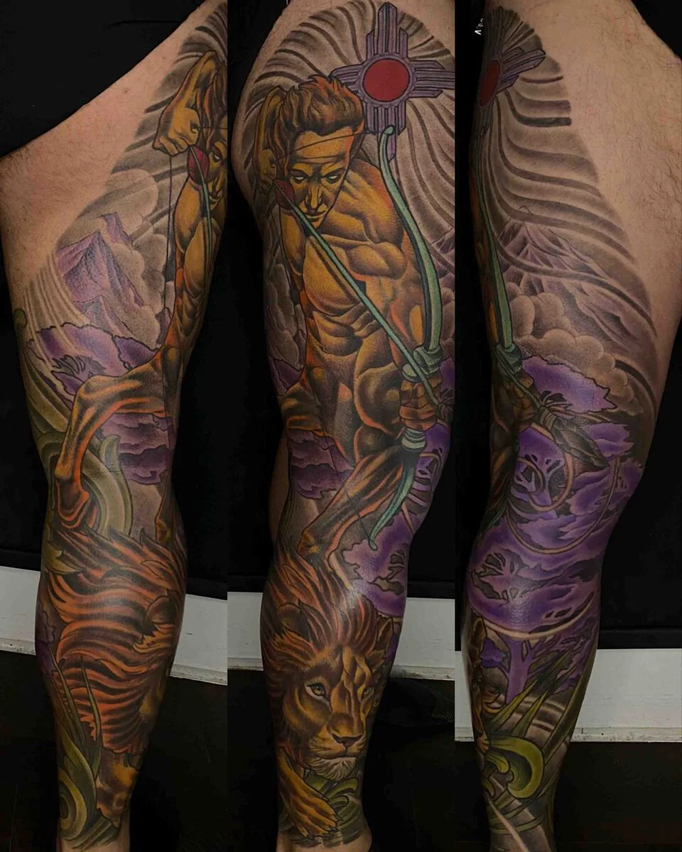Neo Traditional native warrior archer lion leg sleeve tattoo by Terry Ribera, San Diego