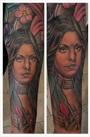 Neo Traditional native woman portrait forearm tattoo by Terry Ribera, San Diego