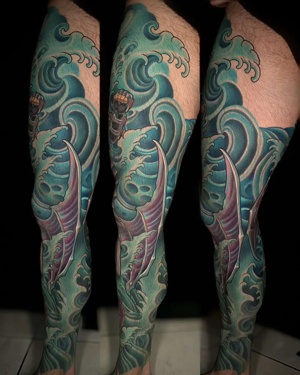 Neo Traditional ocean waves shark leg sleeve tattoo by Terry Ribera, San Diego