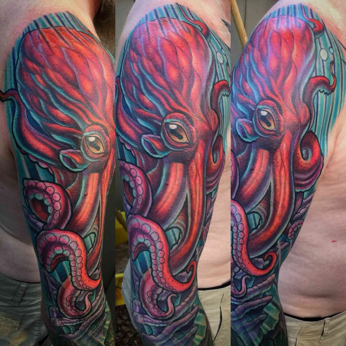 Neo Traditional octopus half sleeve tattoo by Terry Ribera, San Diego