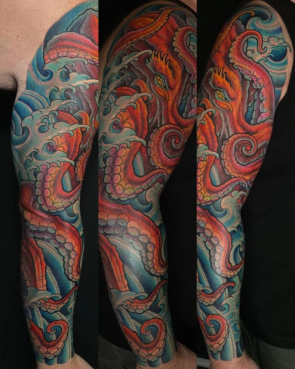 Neo Traditional octopus kraken full sleeve tattoo by Terry Ribera, San Diego