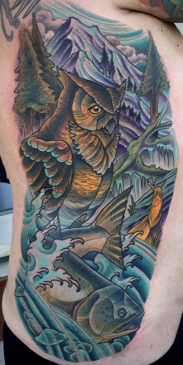 Neo Traditional owl fish mountain rib tattoo by Terry Ribera, San Diego