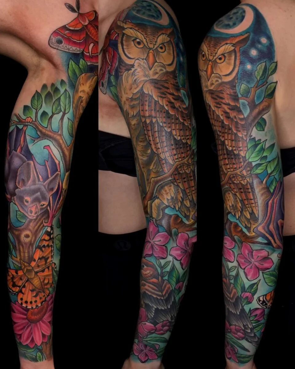Color neo traditional nature full sleeve with an owl, swallow, moth, butterfly and bat by Terry Ribera, San Diego