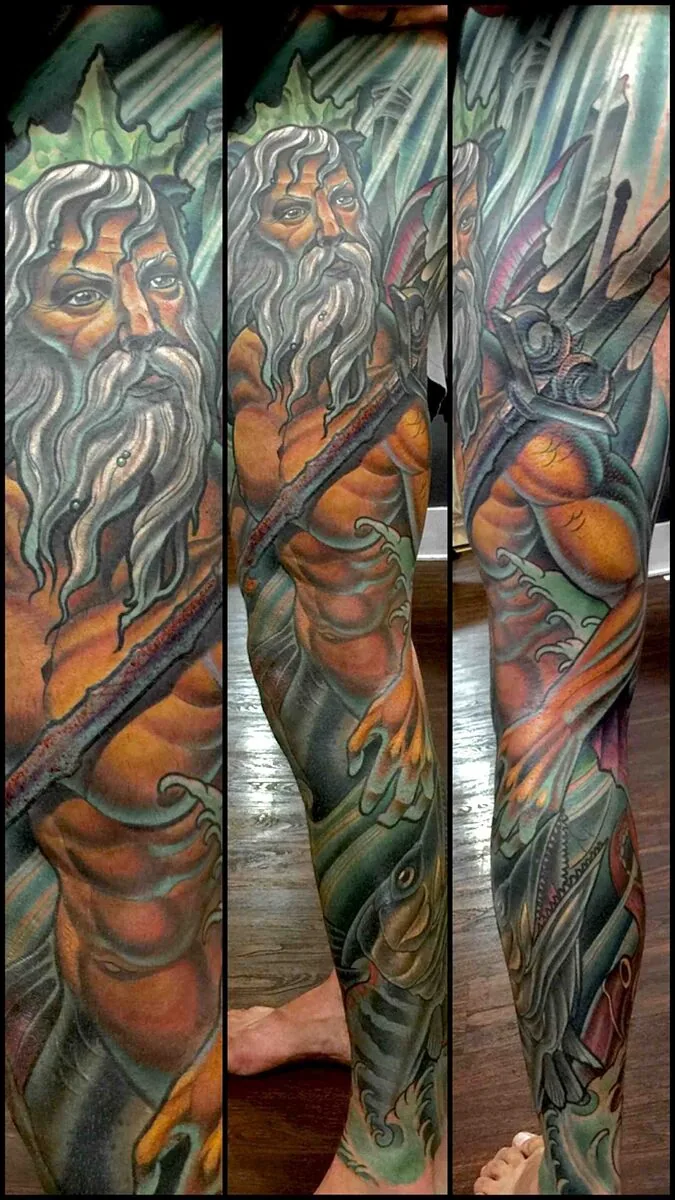 Neo Traditional Poseidon Neptune leg sleeve tattoo by Terry Ribera, San Diego