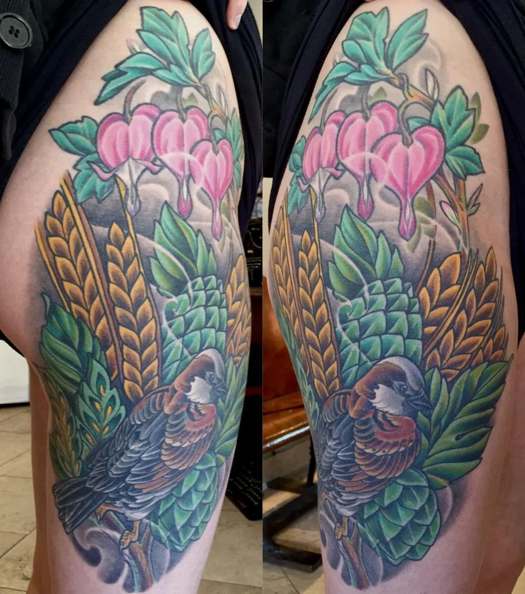 Neo Traditional quail bleeding heart thigh tattoo by Terry Ribera, San Diego