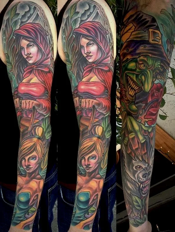 Neo Traditional Red Riding Hood fairy tale sleeve tattoo by Terry Ribera, San Diego