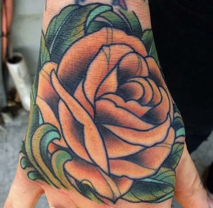 Neo Traditional rose hand tattoo by Terry Ribera, San Diego