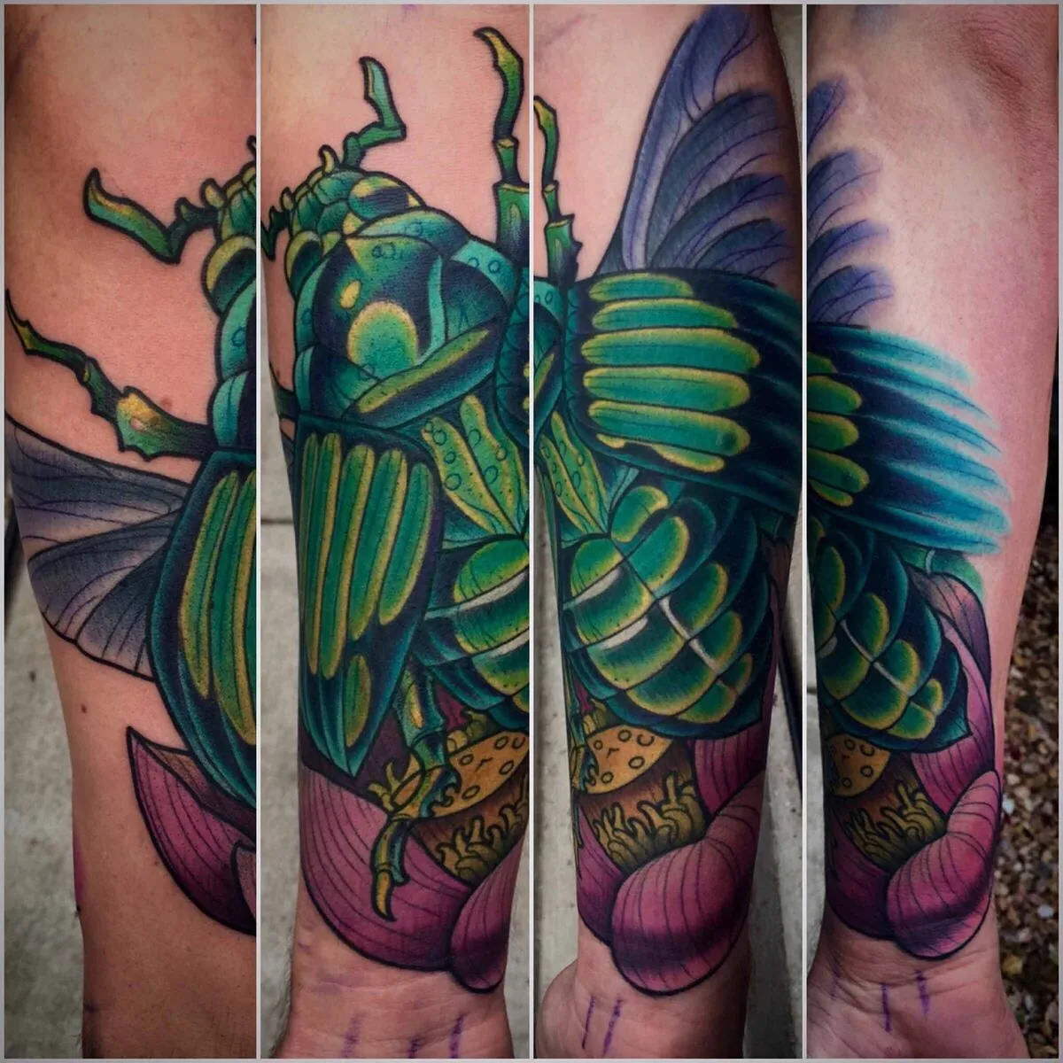 Neo Traditional scarab beetle lotus forearm tattoo by Terry Ribera, San Diego