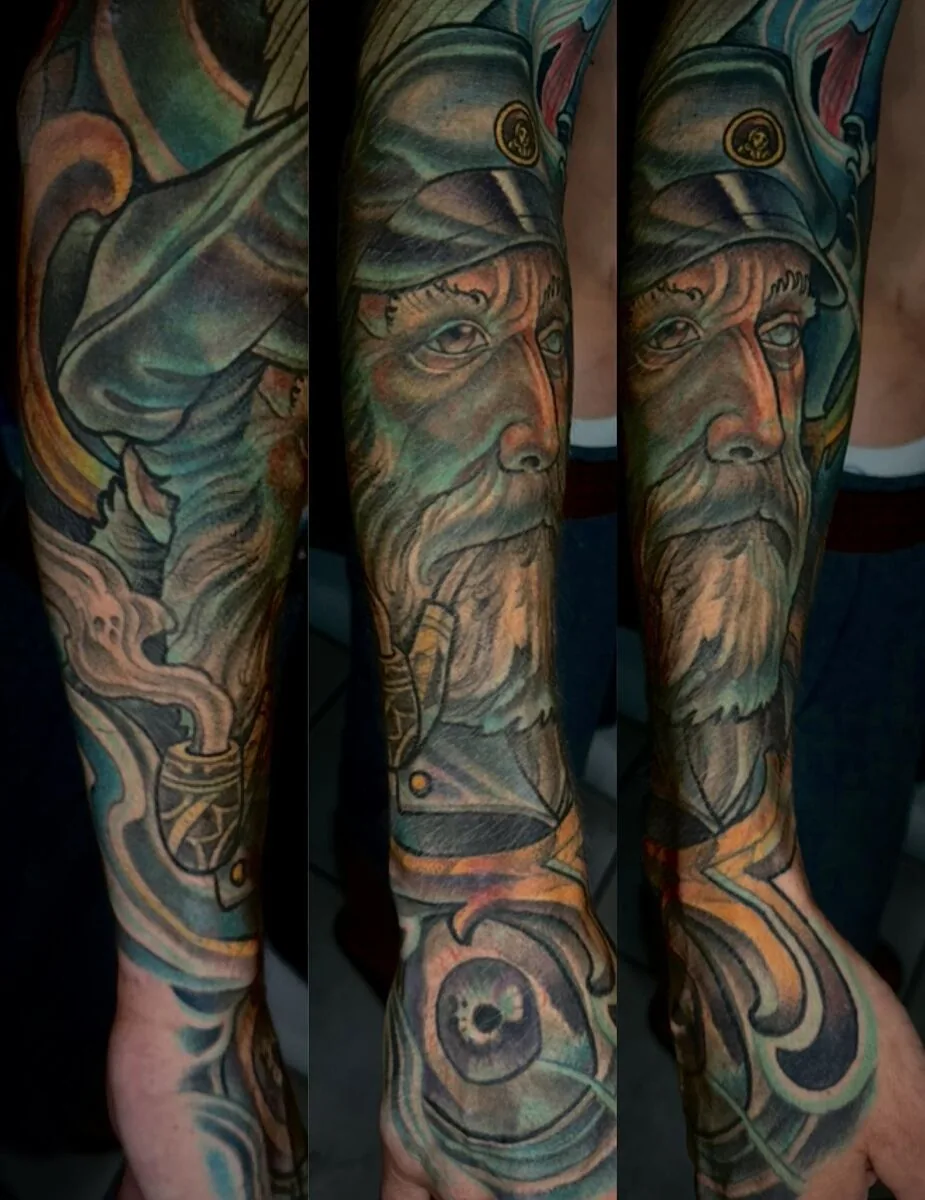 Neo Traditional sea captain sleeve tattoo by Terry Ribera, San Diego