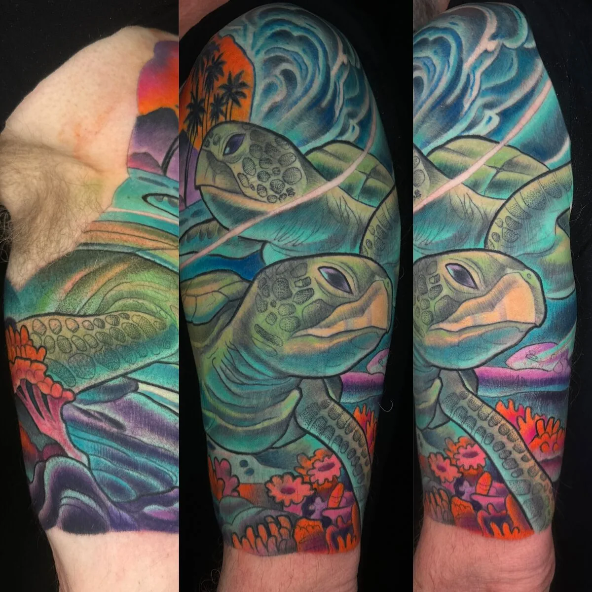 Neo Traditional sea turtle ocean half sleeve tattoo by Terry Ribera, San Diego