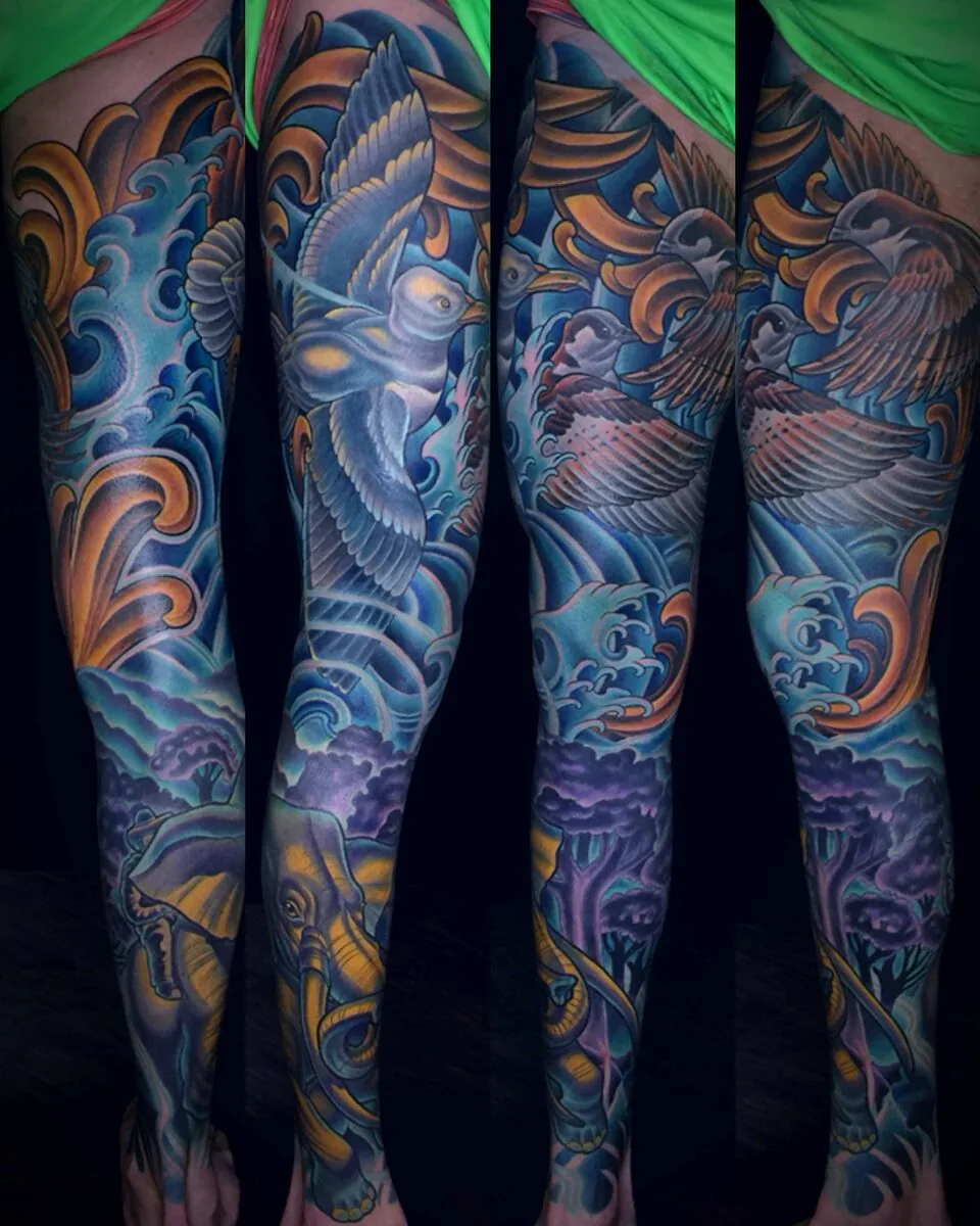 Neo Traditional seagull elephant leg sleeve tattoo by Terry Ribera, San Diego