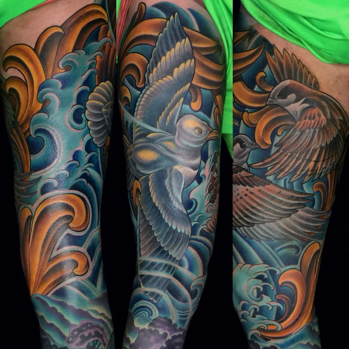 Neo Traditional seagull waves half sleeve tattoo by Terry Ribera, San Diego