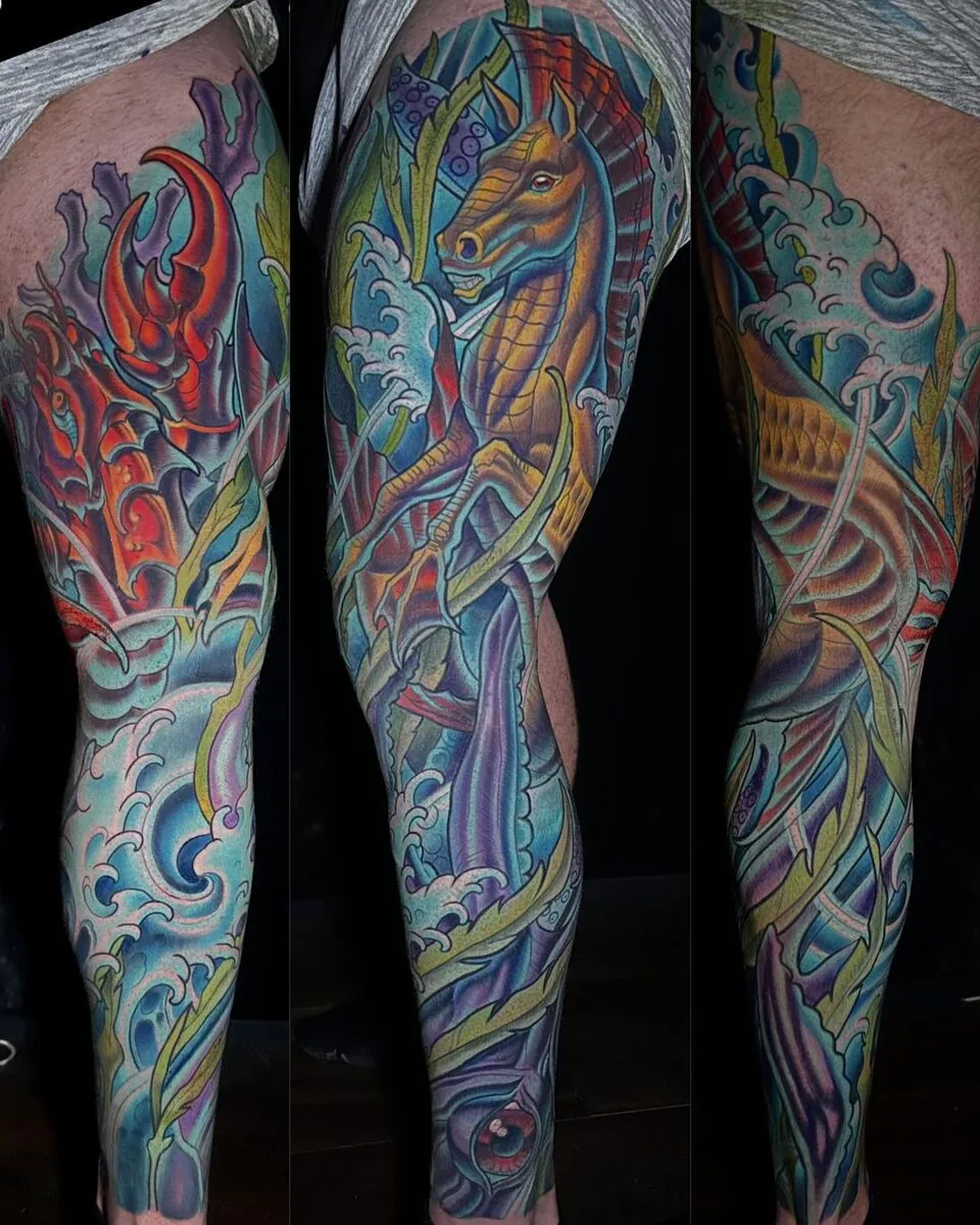 Neo Traditional seahorse ocean leg sleeve tattoo by Terry Ribera, San Diego