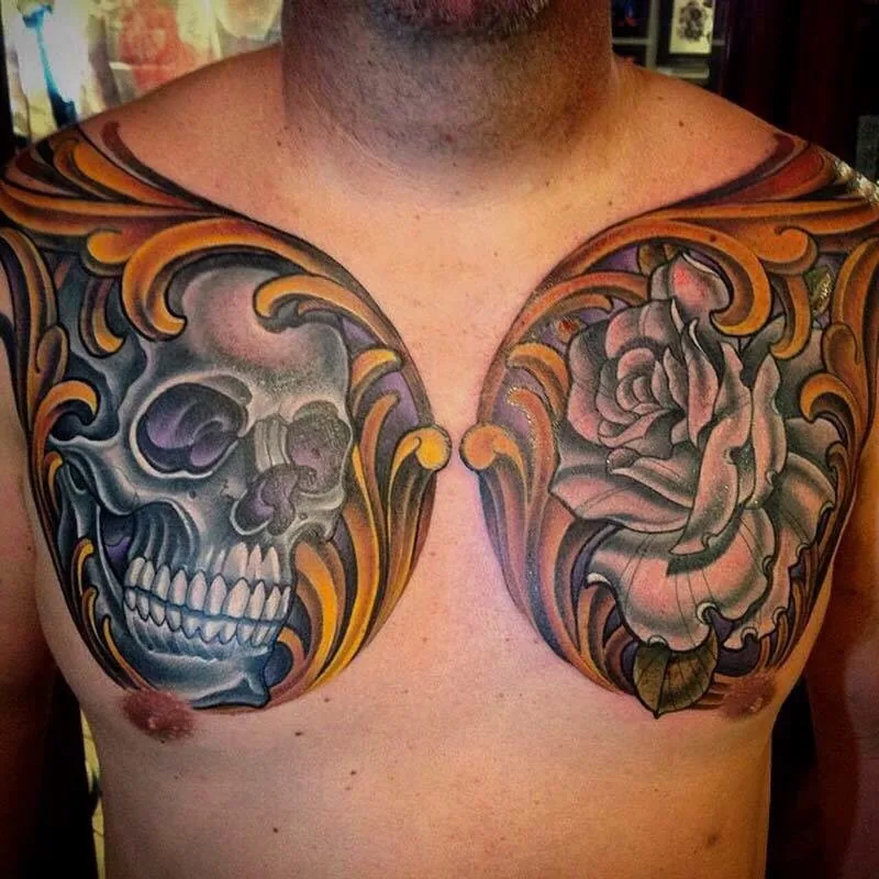 Neo Traditional skull rose chest tattoo by Terry Ribera, San Diego